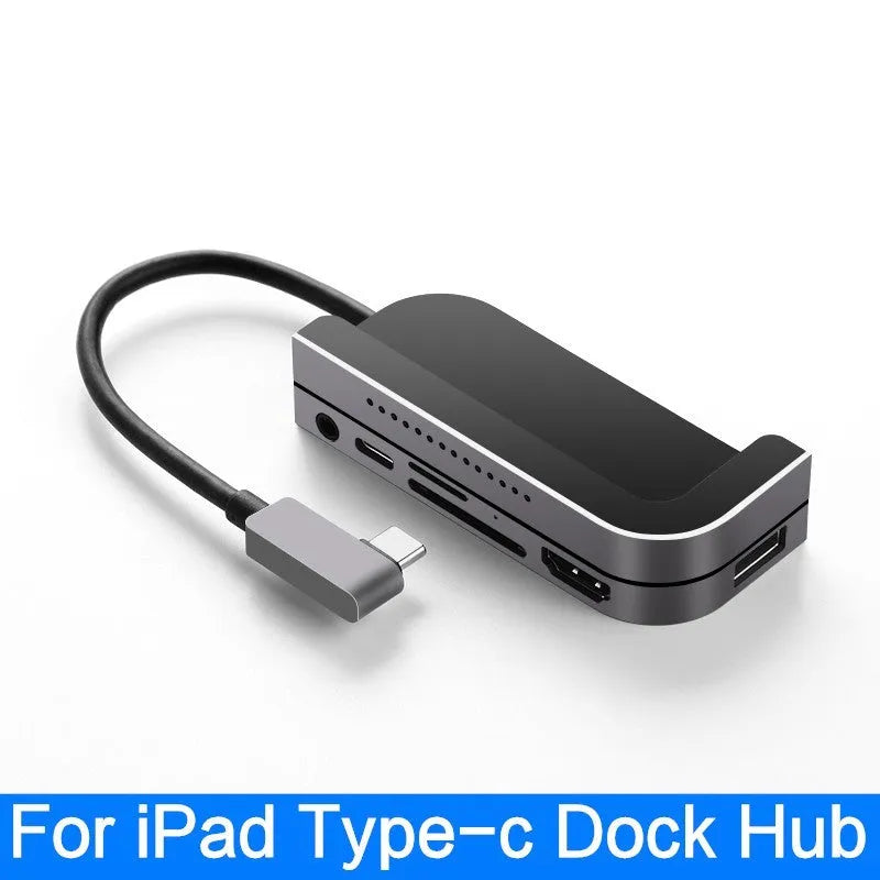 Silver aluminium Type-C docking station for iPad Pro with multiple ports including HDMI and USB