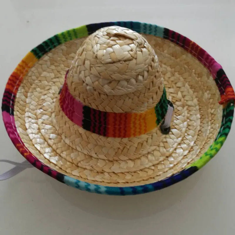 Mini straw woven pet hat for dogs and cats, Mexican-style pattern, one size 16 cm diameter, photo colour.