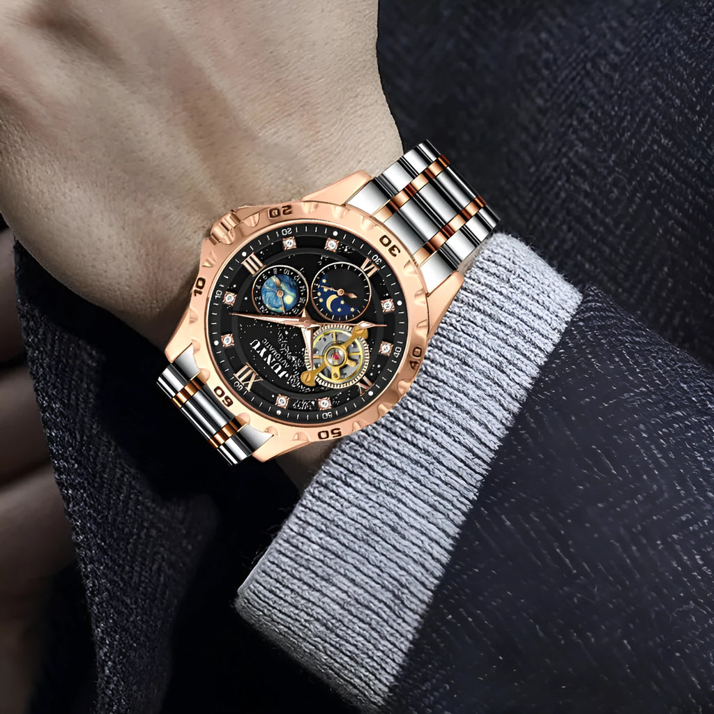 Men's automatic mechanical watch with luminous hands and waterproof case in rose gold, silver, or gold.