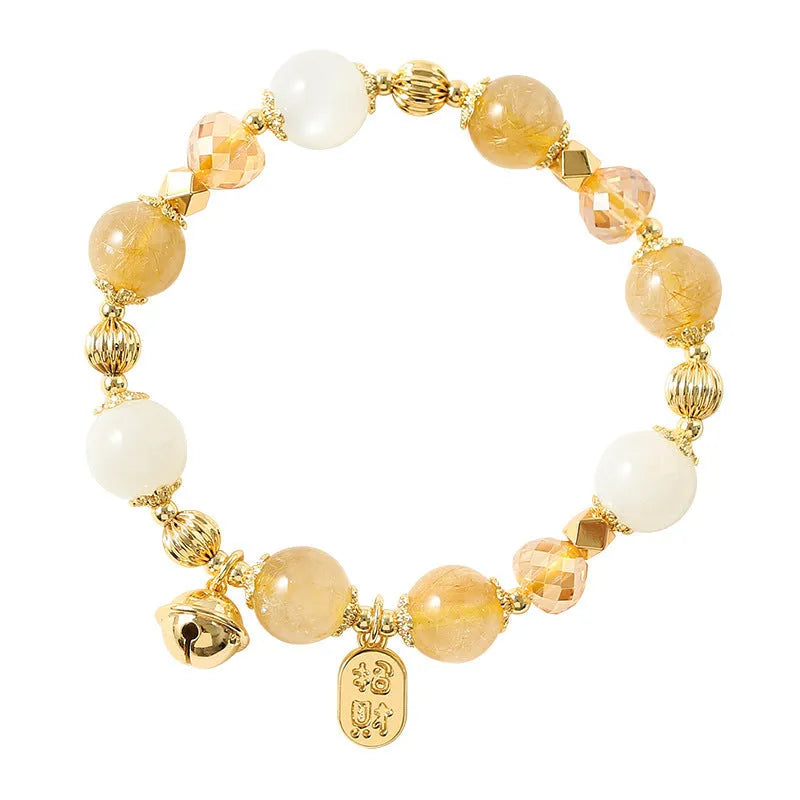 Korean style gold rutilated quartz bracelet with electroplated Lucky Fortune colour crystal jewellery.