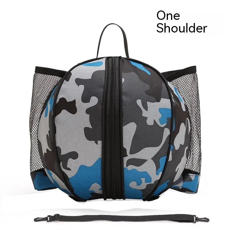 Oxford cloth basketball training bag with adjustable strap shown in a camouflage colour option.