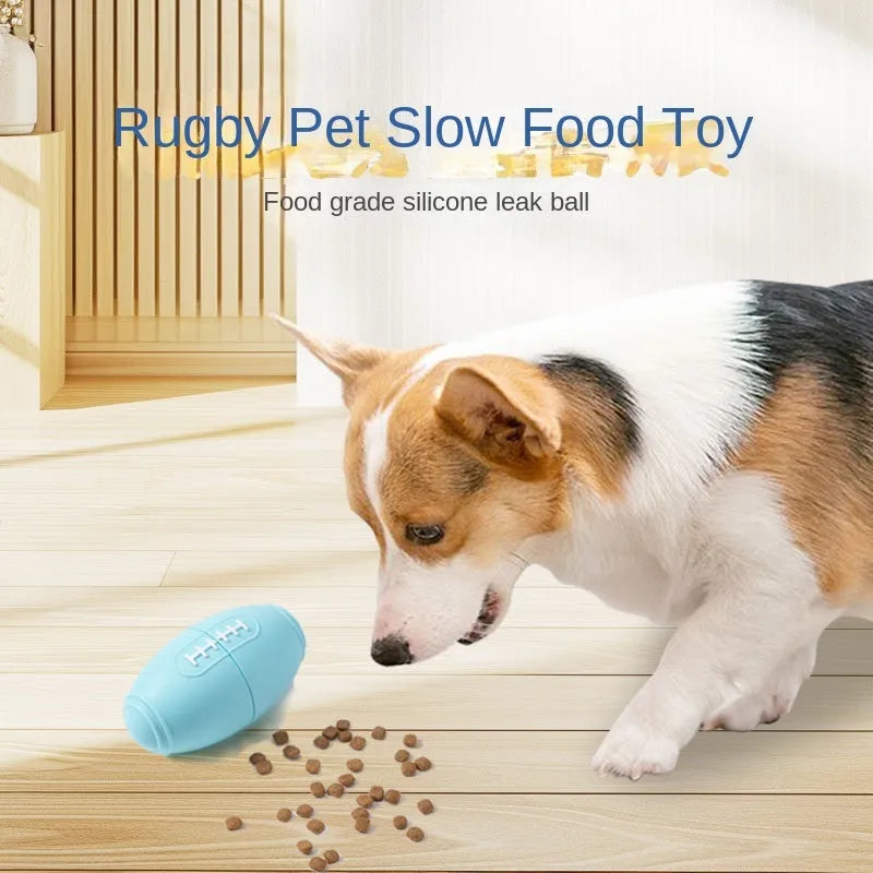 Silicone rugby-shaped dog toy with food leak hole, available in blue, light blue, pink, and purple.