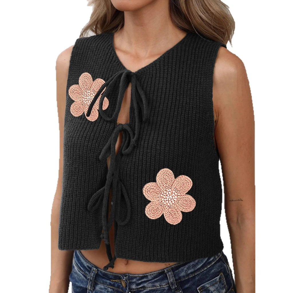 Women's white lace-up vest cardigan with bow decoration and floral embroidery on deer plush fabric