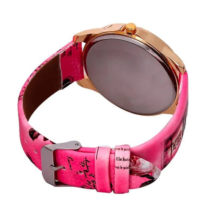 Ladies quartz wristwatch with Eiffel Tower dial, PU leather strap, 40mm alloy case, six colours