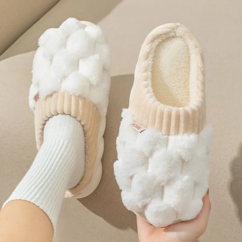 Plaid plush indoor slippers with artificial wool lining and non-slip PVC sole in grey, pink, coffee, green or white