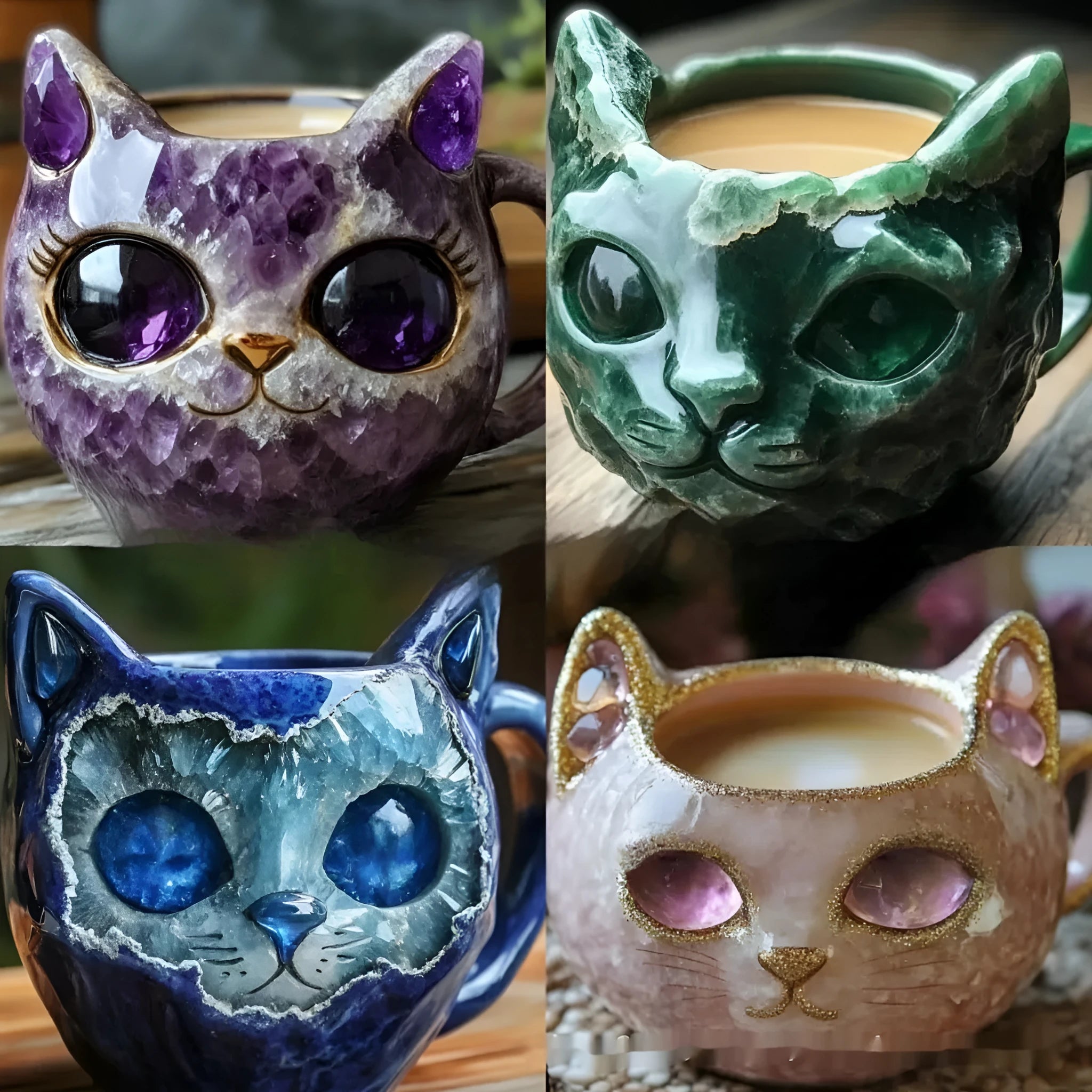 Colourful synthetic resin geode cat mug in pastoral style on a desk.
