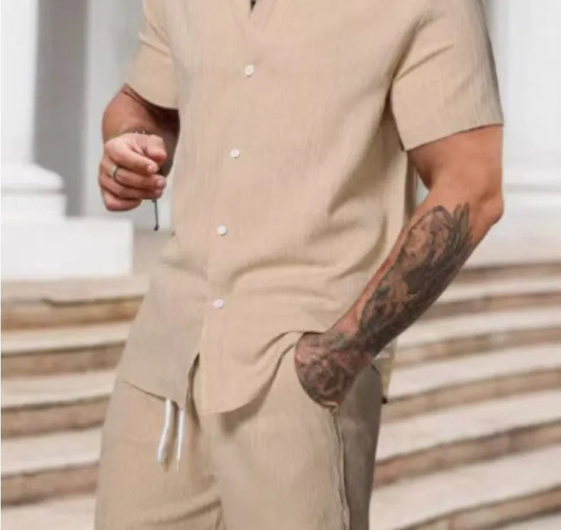 Men's striped print short sleeve shirt and shorts set in polyester, street style spring outfit, sizes S to 5XL