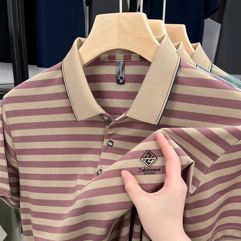 Man wearing a red and white mosaic striped casual short sleeve polyester shirt.