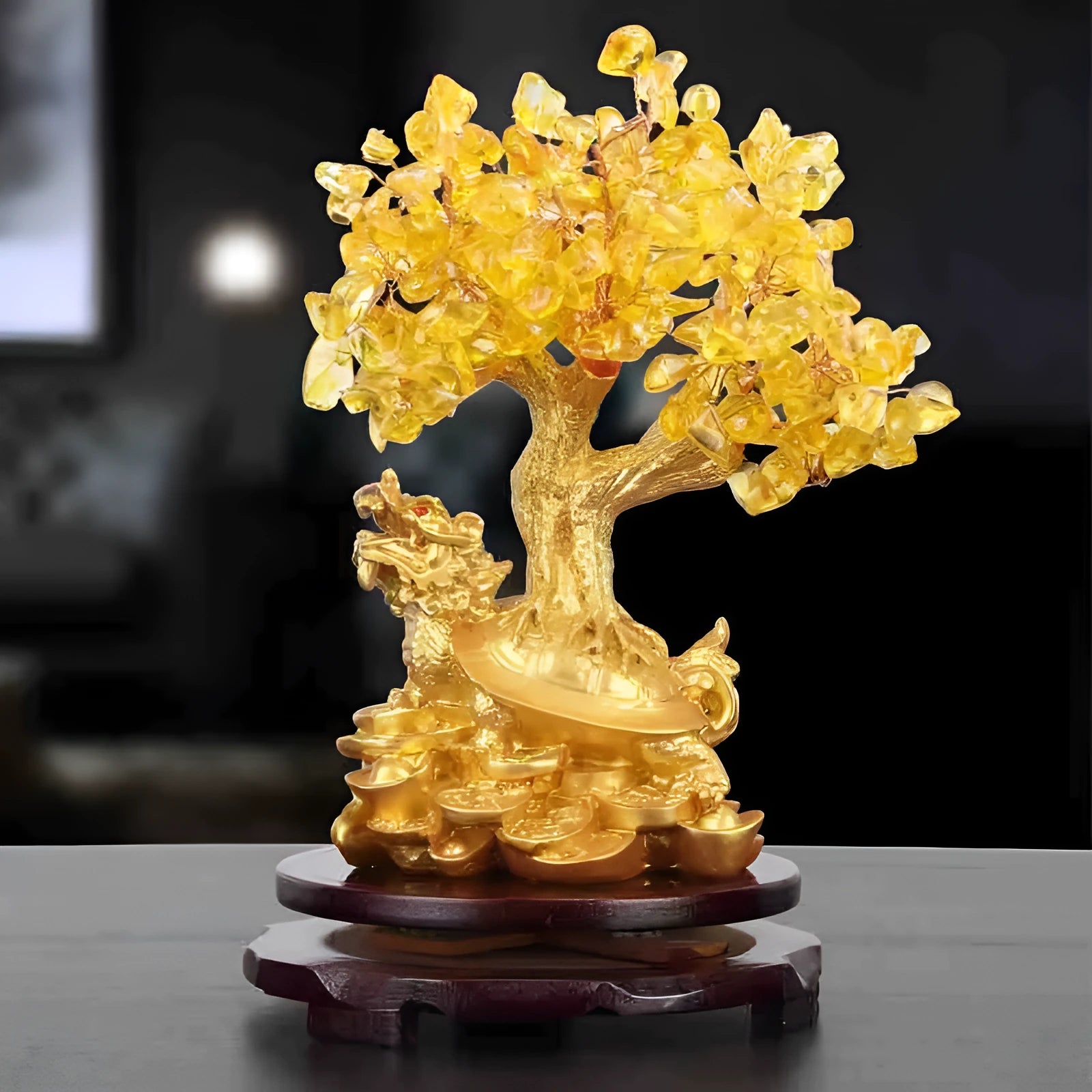 Citrine-coloured resin money tree ornament with a small turtle, measuring 18 by 23 cm.