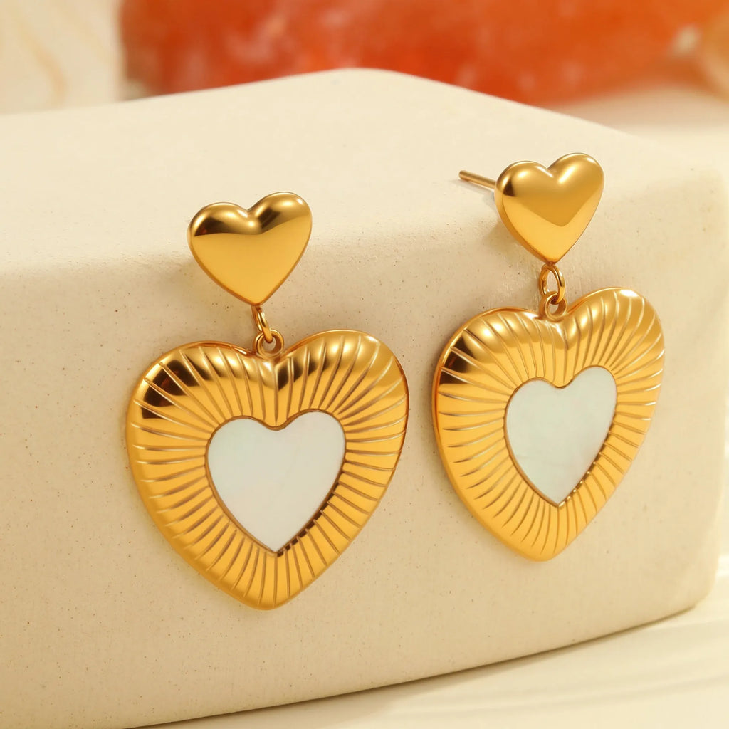 Gold-coloured heart-shaped stainless steel earrings with electroplated finish for women
