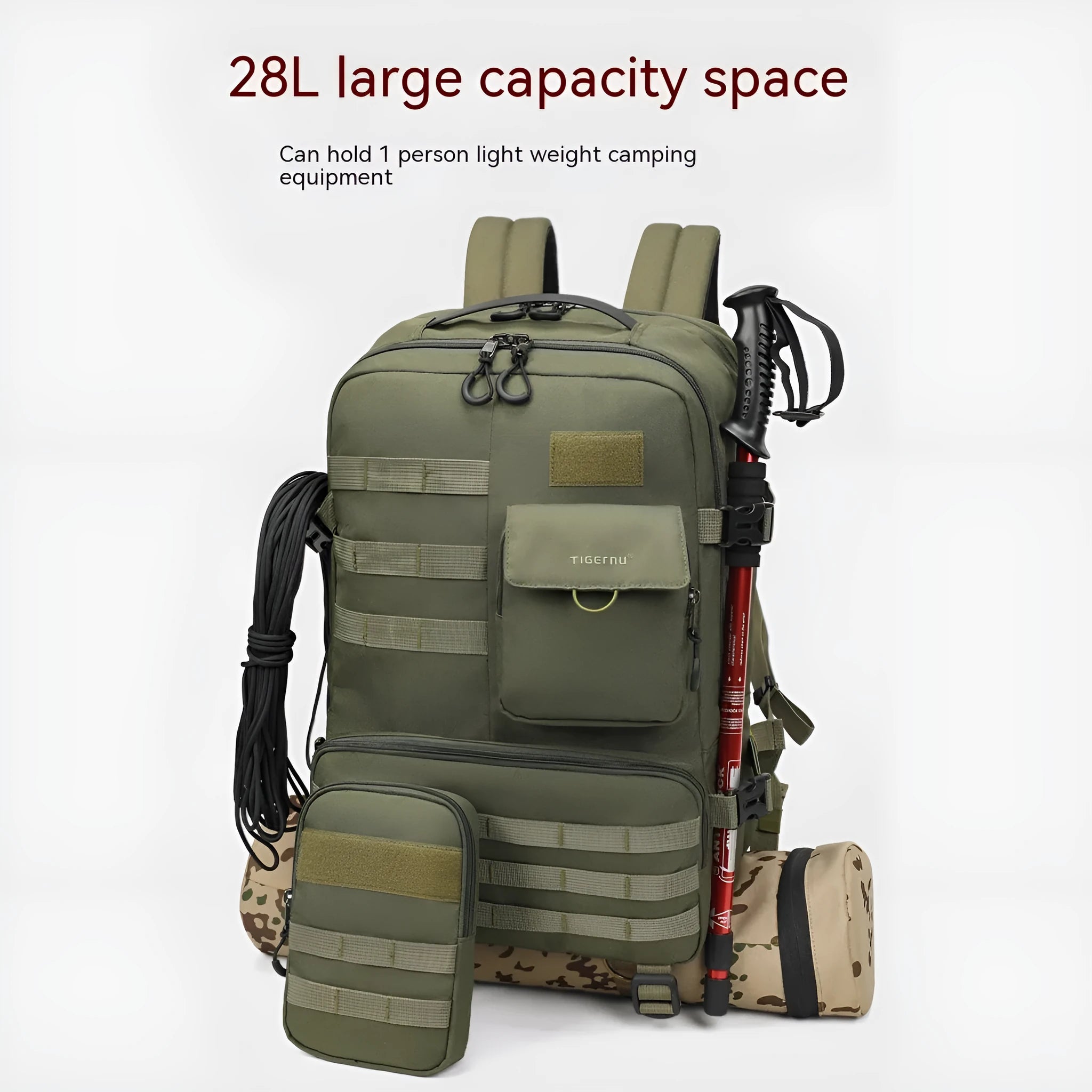 Army Green 17-inch tactical backpack with multiple compartments, shown outdoors.