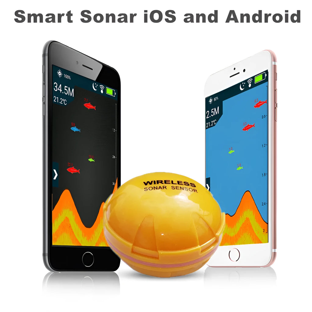 Yellow wireless sonar fish finder, 68 x 68 x 50cm, 2.4GHz, 125kHz sonar, 0.6-36m depth range