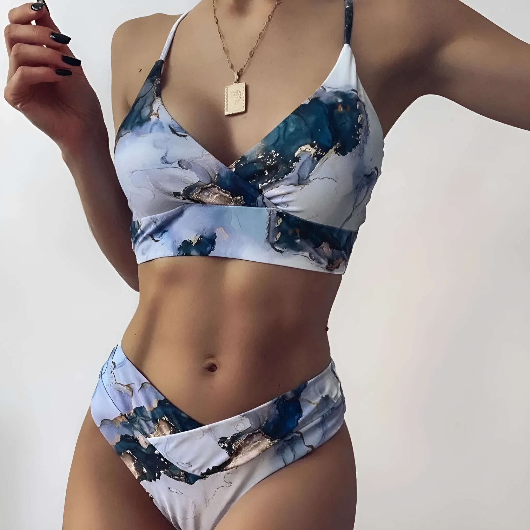 Marble tie-dye print women's high waist bikini set with U-neck design