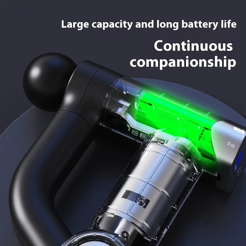 Long handle folding massage gun in black or grey with LED screen and multi-gear adjustment, brushless motor, portable design.