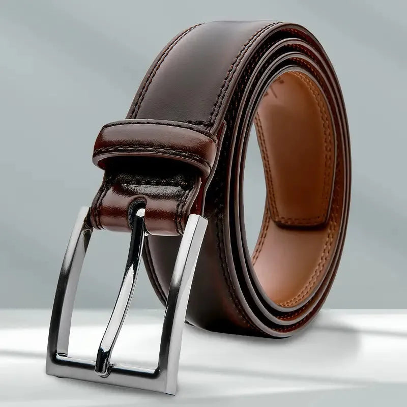 Men's genuine leather casual belt in 95-grain texture with alloy buckle shown in brown colour