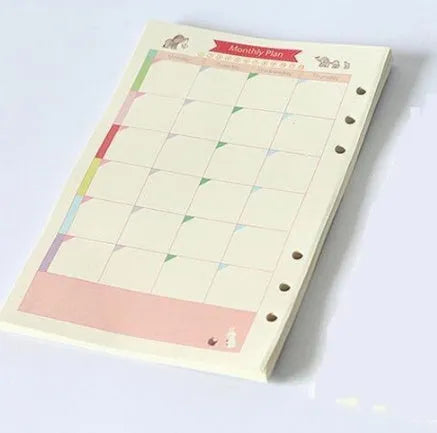 Colored A5 binder filler paper sheets in different styles including lined, grid, and weekly plan