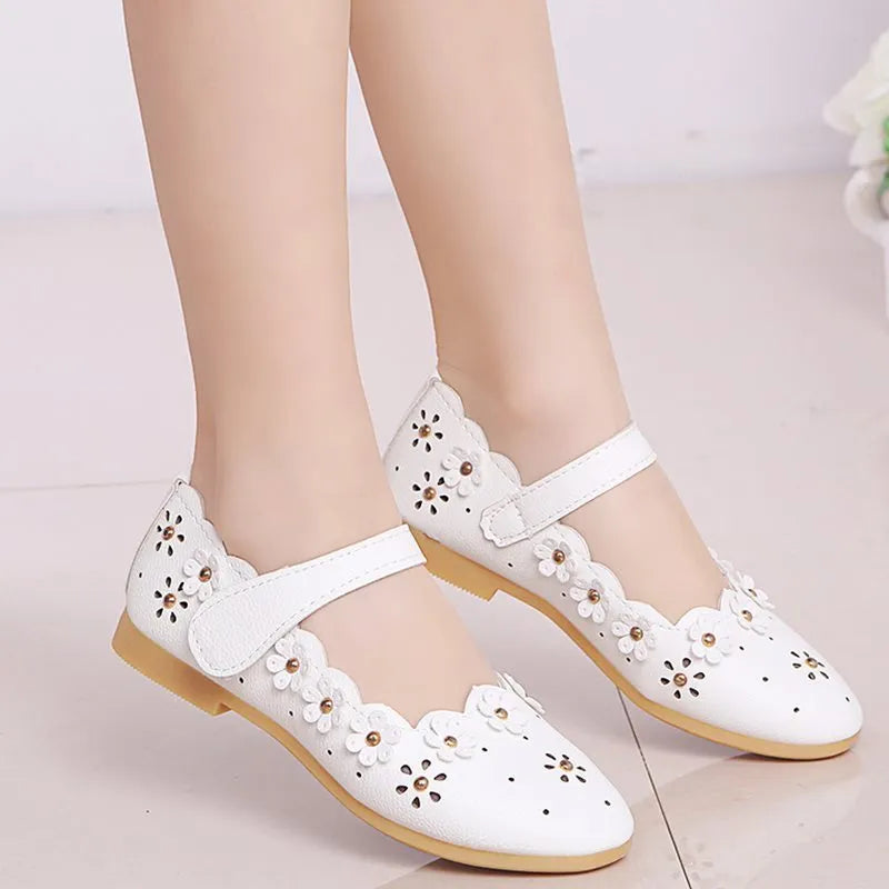 Girls flat princess shoes in pink or white with rubber sole and EVA upper, sizes 21 to 36