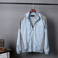 Men's thin blue cotton linen jacket for plus size leisure wear, showing regular fit.