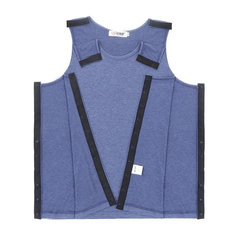 Cotton snap-button long-sleeve vest for post-operative arm fracture care, shown in black, grey, blue and multi-black colour options