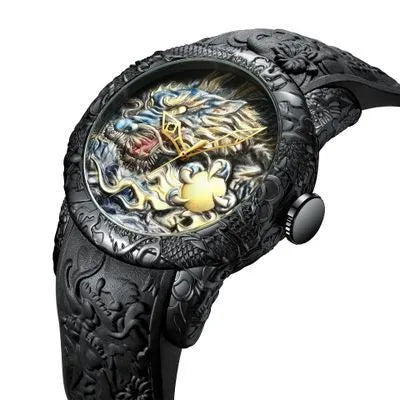 Dragon pattern mechanical watch with black rubber band, 50mm case, and gold or black colour options