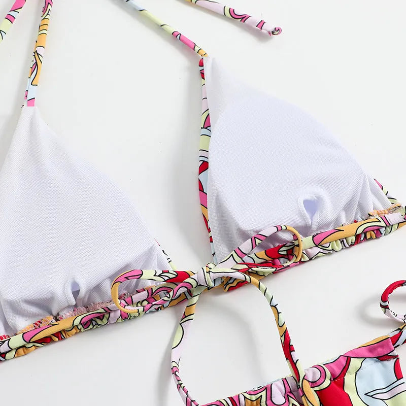 Multicolour geometric print triangle bikini set for women with adjustable neck strap.