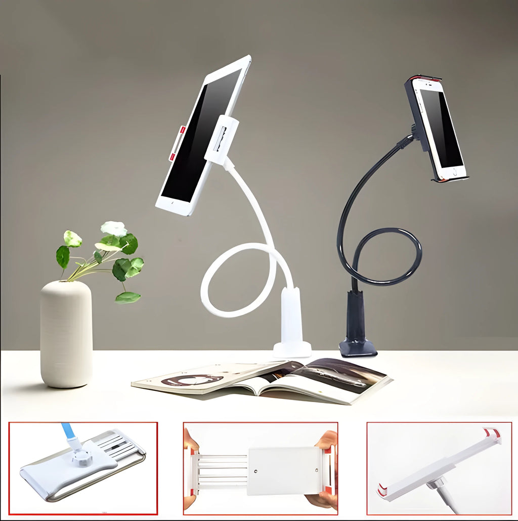 Black bedside oversize flat panel handset phone holder with long adjustable arm mounted on a table