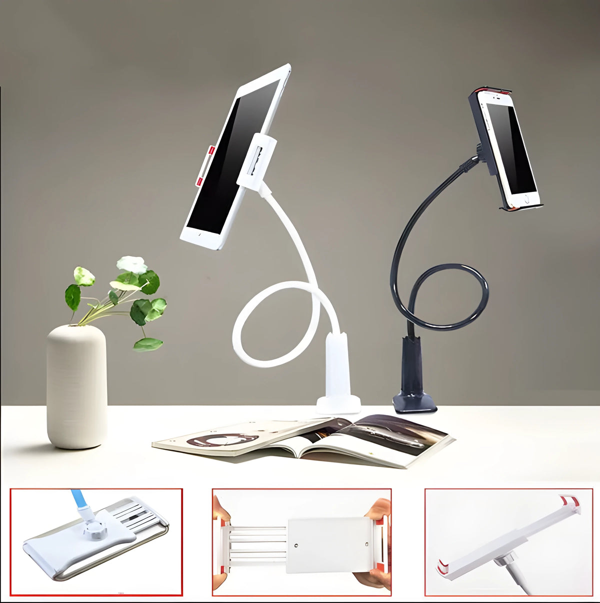 Black bedside oversize flat panel handset phone holder with long adjustable arm mounted on a table