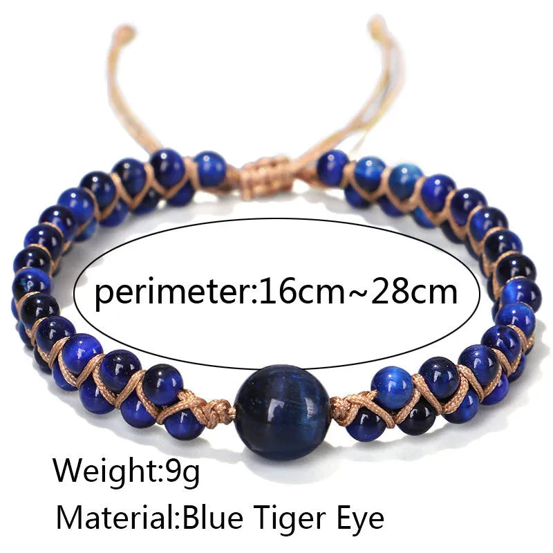 Close-up of a handmade woven pull bracelet with geometric pattern in blue Tigereye stone beads.