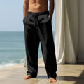 Men's loose fit cotton casual trousers in solid colours including black, grey, and blue options