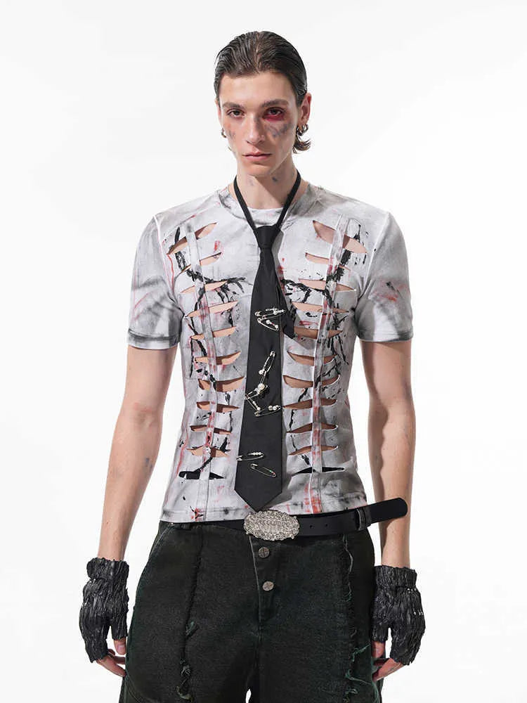 White men's cotton t-shirt with cut-out hollow-out detailing on short sleeves