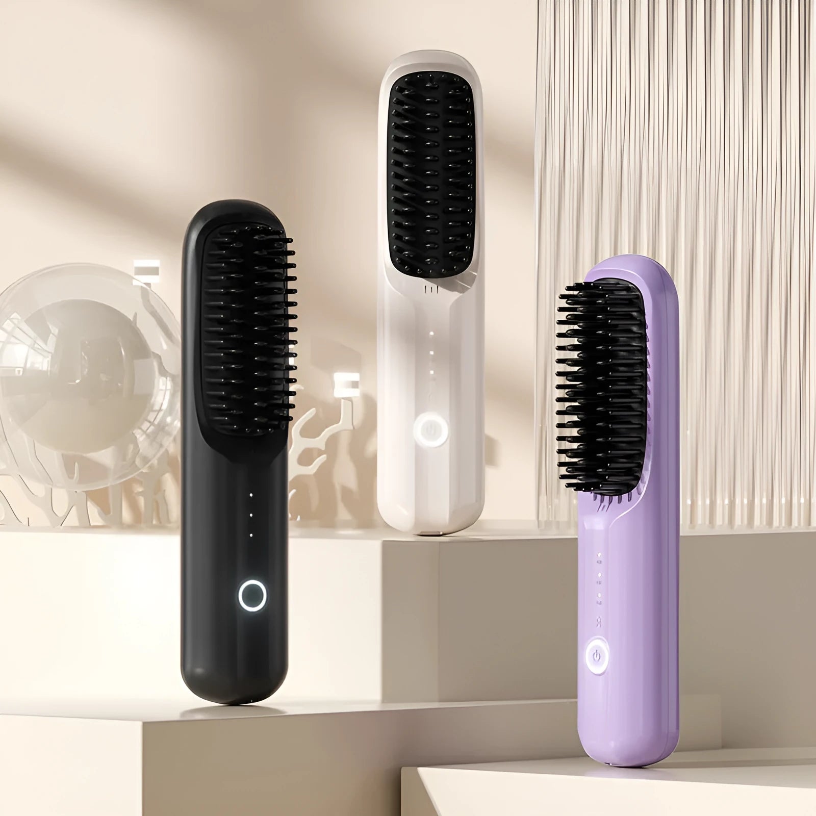 Beige wireless anion hair straightening comb with Type-C charging port.