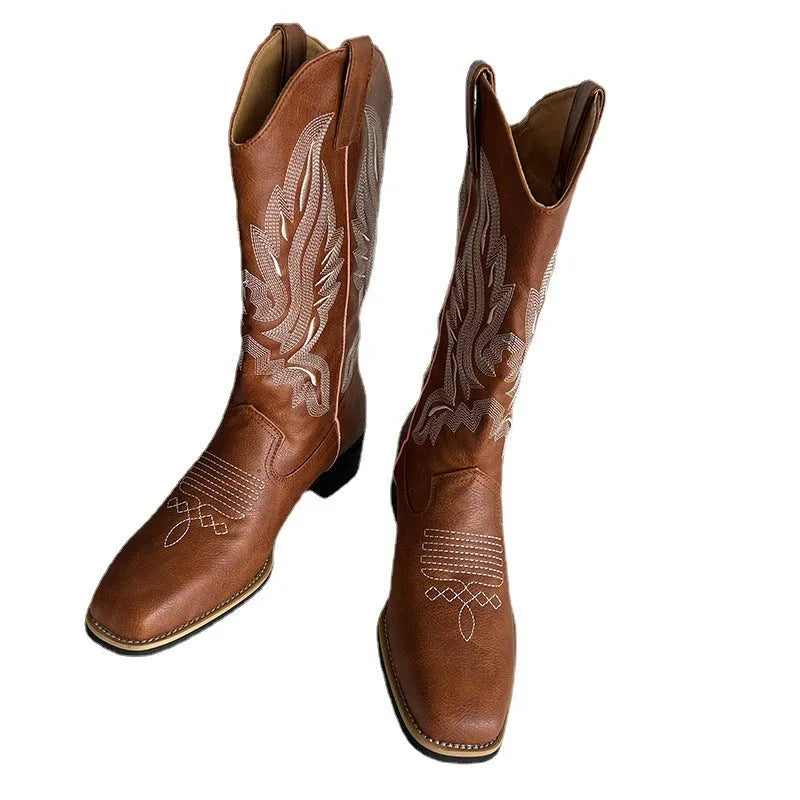 Brown women's mid-calf embroidered Martin boots with a round toe and low square heel