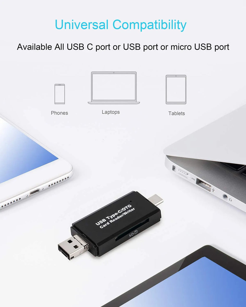 Black USB 3.0 card reader for SD and TF memory cards with Type-C interface