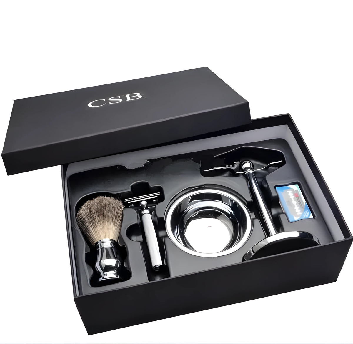 CSB men's shaving set with badger hair brush, double edge razor, chrome stand, and zinc alloy soap bowl