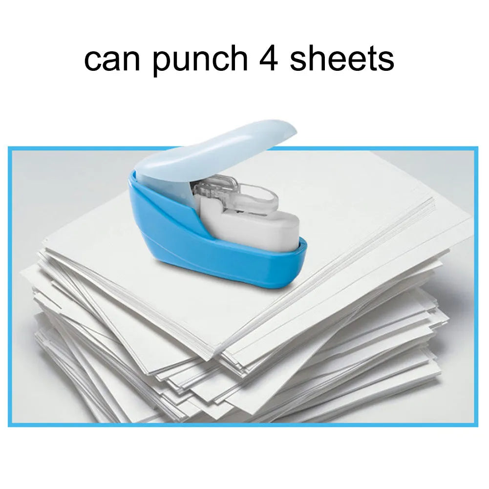Compact stapler-free embossed paper binder in random colour on white background