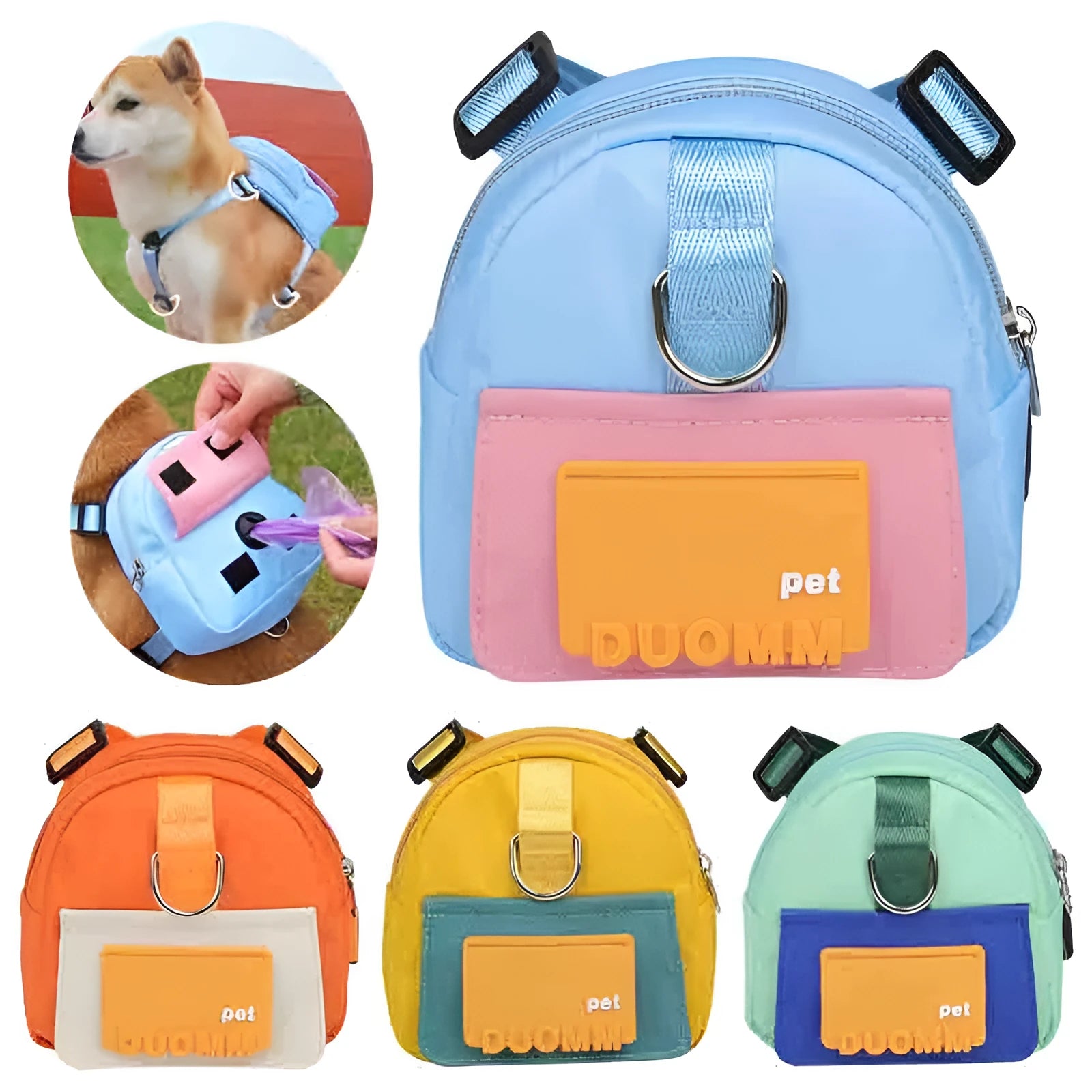 Blue adjustable pet backpack harness with storage compartments and breathable mesh panels for dogs