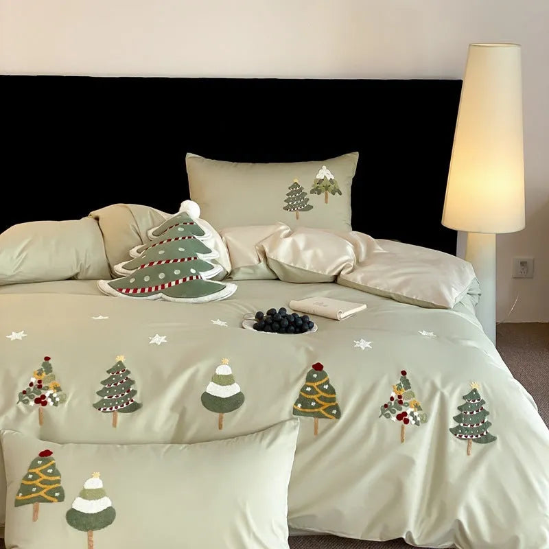Cotton four-piece bedding set with embroidered Christmas tree and plants pattern in cream blue colour