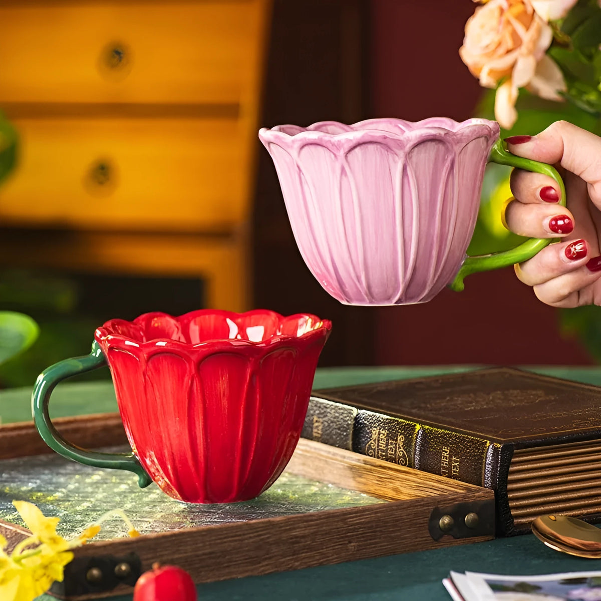 500ml floral ceramic breakfast cup in red or purple pastoral design