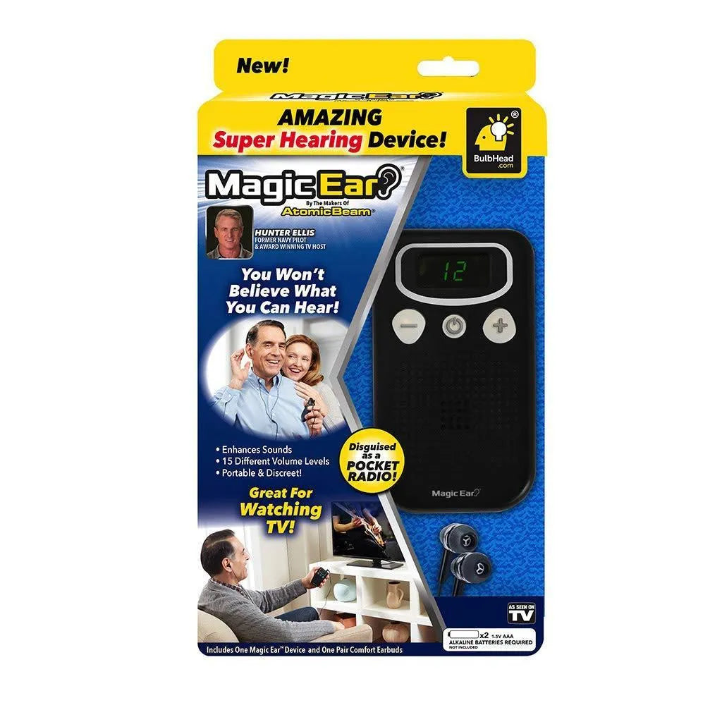 Brilliant coloured handheld digital hearing aid booster with a design resembling an FM radio.