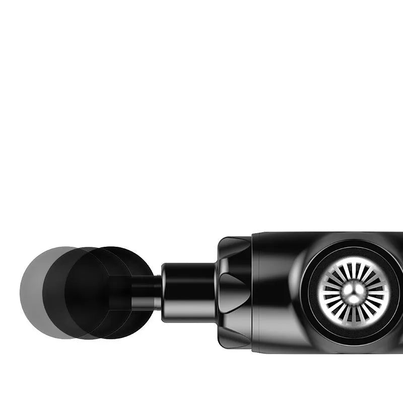Black and white muscle massage gun with a deep stroke for tissue relief.