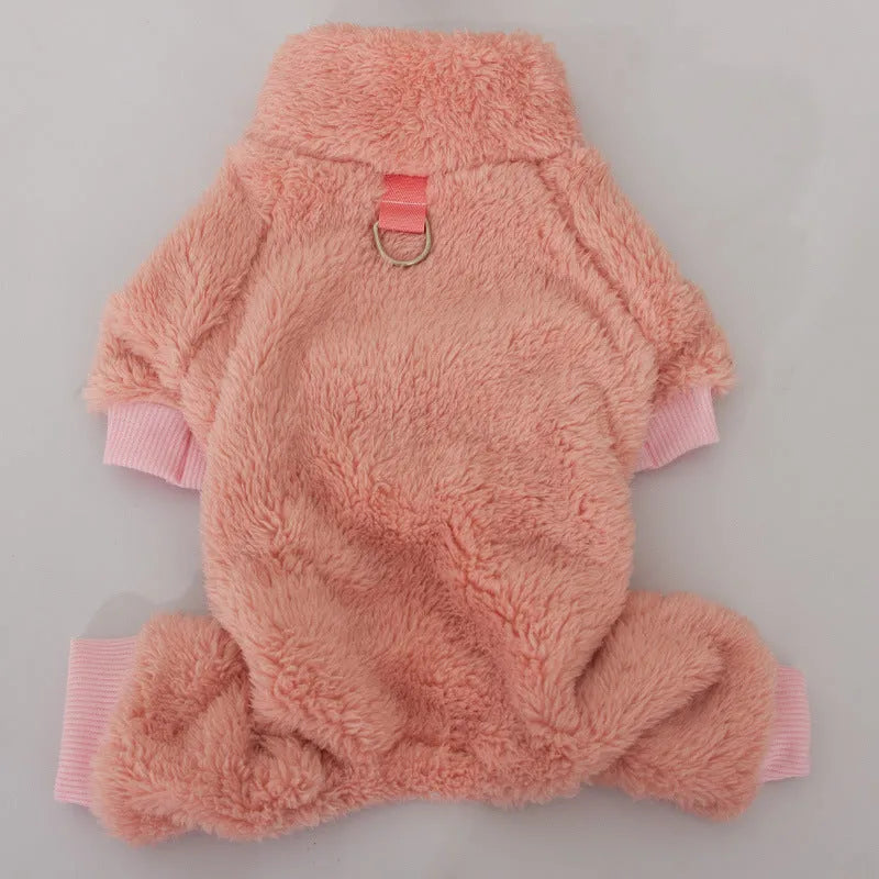 Blue double-sided plush dog clothes with high collar and towing ring on a mannequin.