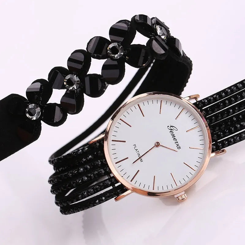 Ladies Geneva flower dial quartz watch with crystal diamond bezel and bracelet strap in black, blue, coffee, red or white