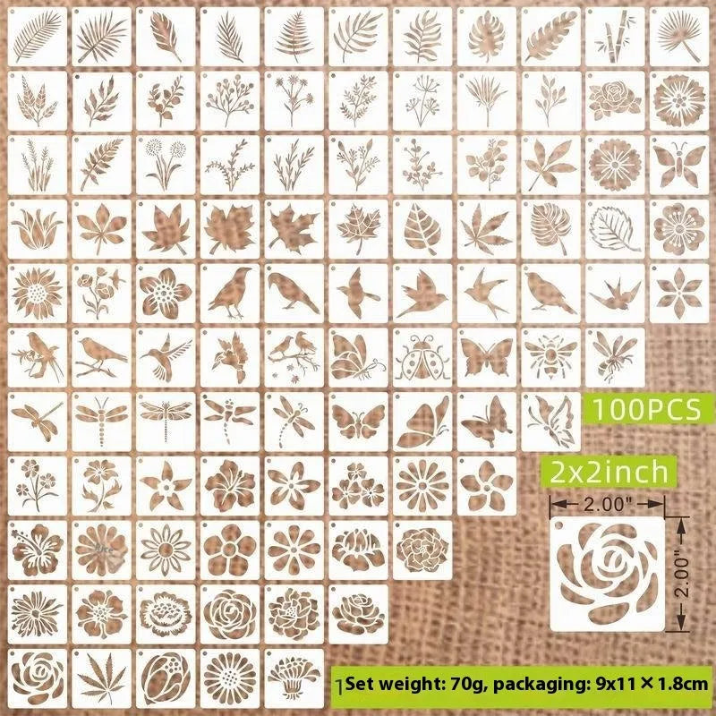 Milky white PET film hollow spray painting stencils showing floral, animal, and letter patterns, each measuring 2 inches.