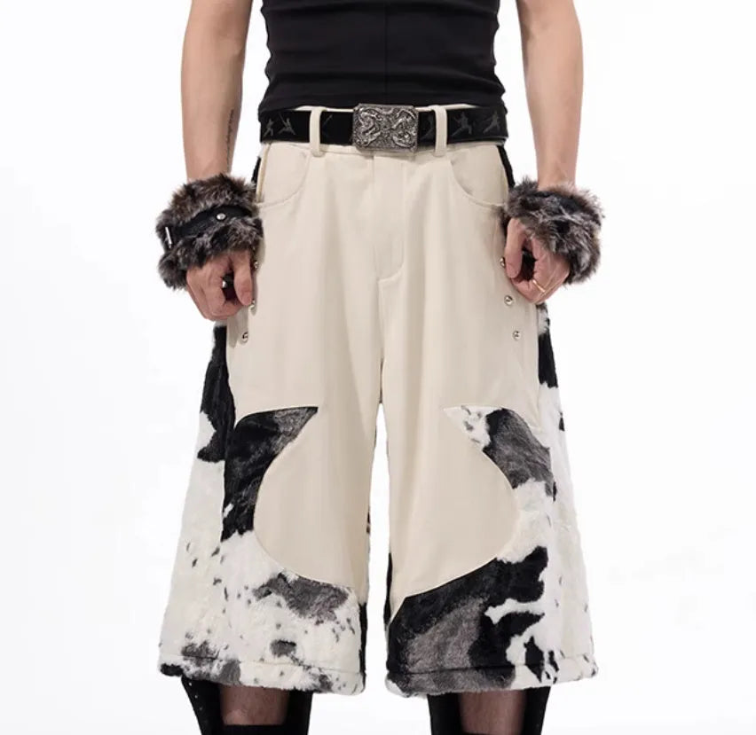 Women's milk fibre cropped trousers with stitched fur detail in a printed pattern colour.