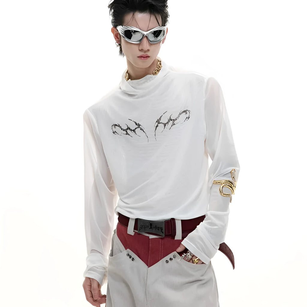 Mesh ice-feeling slim bottoming shirt in black or white with long sleeves and close-fitting Asian sizing
