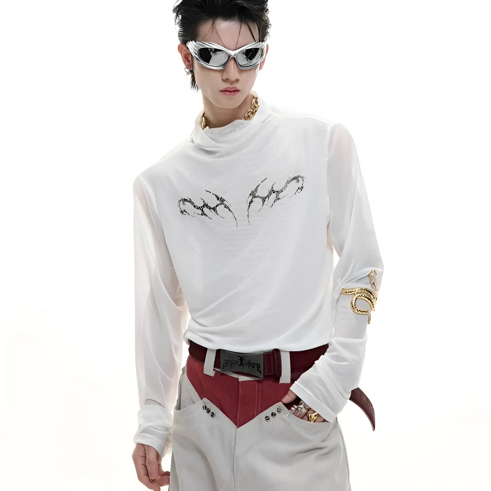 Mesh ice-feeling slim bottoming shirt in black or white with long sleeves and close-fitting Asian sizing