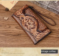 Women's tri-fold wallet with embossed floral pattern in retro brown colour, showing organisational compartments