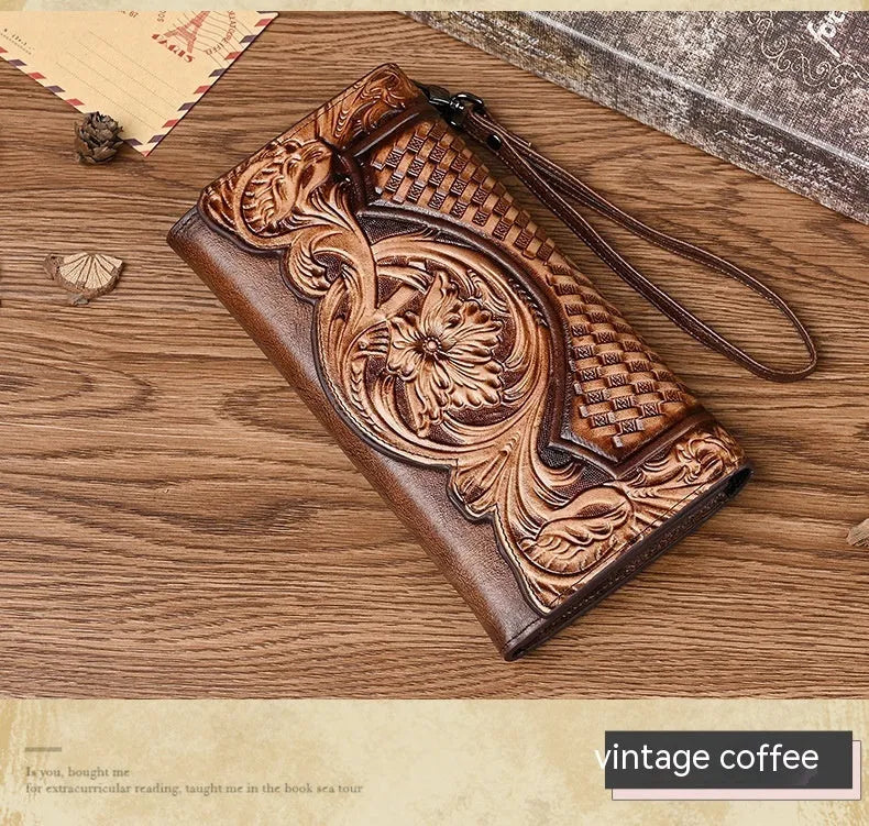 Women's tri-fold wallet with embossed floral pattern in retro brown colour, showing organisational compartments