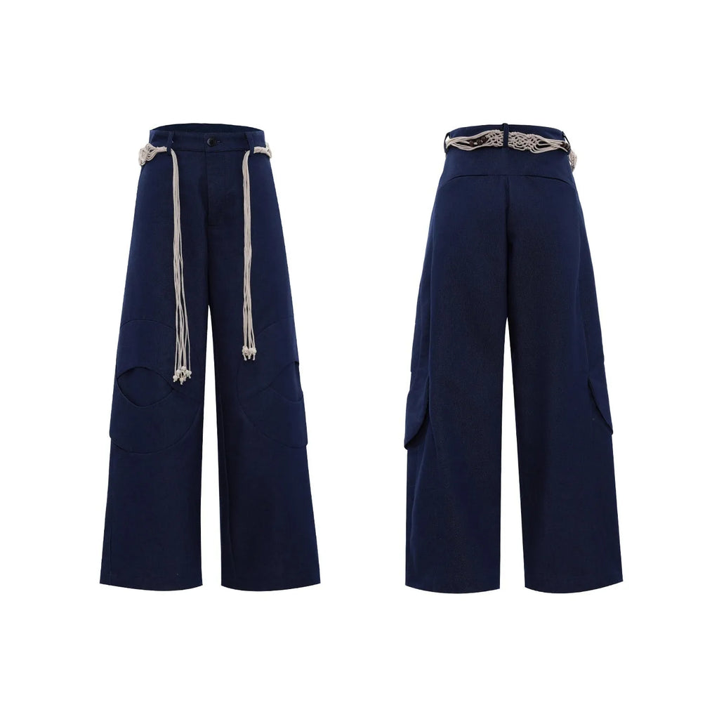 Men's straight-leg cotton jeans with decorative zipper details and tassel trim in dark colour options