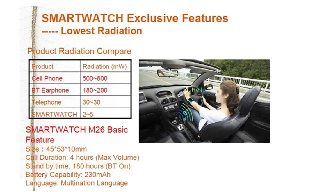 Black smart Bluetooth sports watch on a wrist, compatible with iPhone and Android phones.